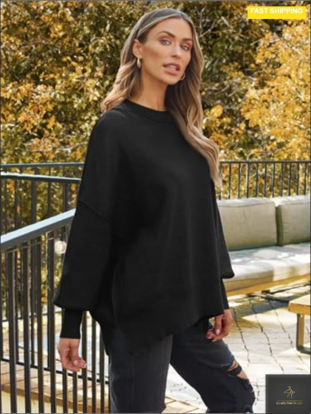 Oversized Batwing Knit Sweater Crewneck Side Slit Pullover